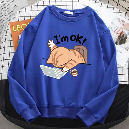 Funny Womens Solid Hoodies Computer Cat Basic Warm Fleece Sweatshirt Soft Breathable O-Neck Pullover Casual Female Clothes