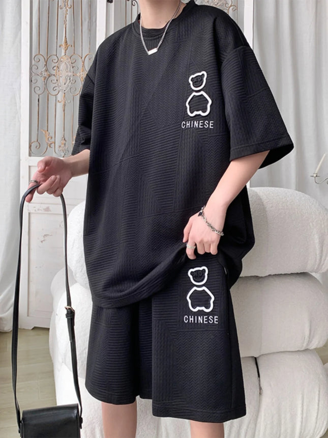 Casual Sportswear Set for Men Summer Short Sleeve Five-Quarter Pants Polyester Fiber Big Size Two-Piece Suit T-Shirt Shorts