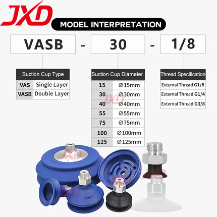 JXD Vacuum Suction Cup for Industrial Manipulator: VASB-30-1/8, Silicone Suction Nozzle VAS-15-1/8, Metal Fitting Suction Cup