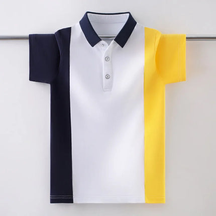 Teenage Boys' Cotton Uniform Polo Shirt, England Style Fashion Stripe Design, Kids' Short Sleeve Tops for Children Aged 5-15 Years