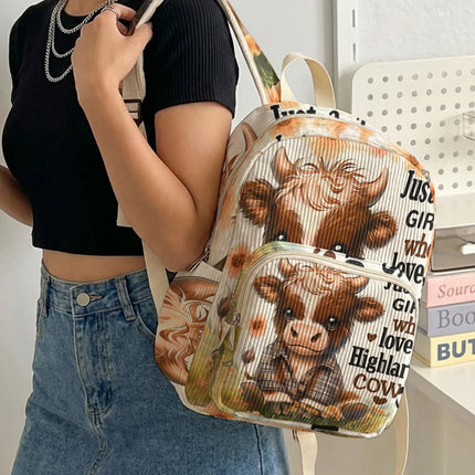 Highland Cow & Letter Print Allover Women Fashion Backpack Corduroy Multi-pocket Large Capacity Commuter Bag