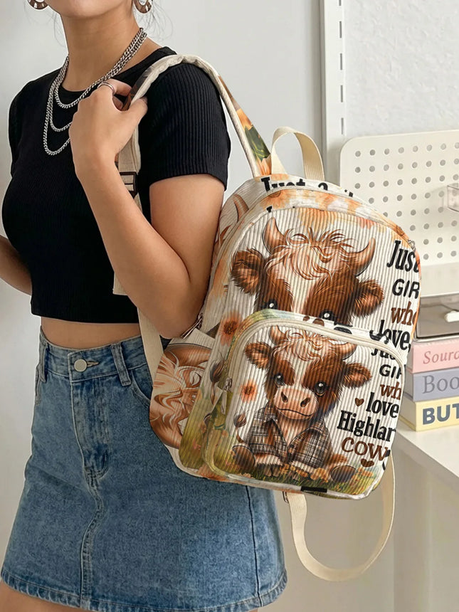 Highland Cow & Letter Print Allover Women Fashion Backpack Corduroy Multi-pocket Large Capacity Commuter Bag