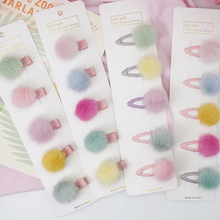 5Pcs/Set Pompom Baby Hair Clips Colorful Plush Ball Kids Hairpins Princess Girl Barrettes Children Headwear Photo Props BB Clip