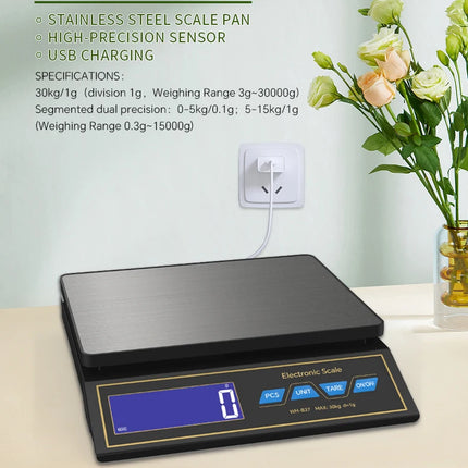 LCD Digital Kitchen Scale 30kg/1g Rechargeable Stainless Steel Panel Electronic Scales Home Jewelry Food Weighing Baking Tools