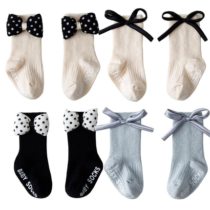1/4pairs 0-2Y Cute Baby Girls' Cotton Mid-calf Socks Solid Bowknot Non-slip Sockens Toddler Kids Spring & Autumn Newborn Socks