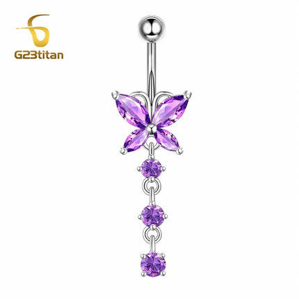G23titan Crystal Zircon Butterfly Dangle Belly Button Ring Titanium or Steel Bar Navel Piercing Jewelry Women Body Accessories