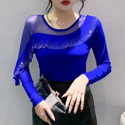 2025 Autumn New Style Mesh Tops Korean Fashion Round Neck Ruffles Shirt Lotus Leaf Edge Hot Diamond Long Sleeve Women T-Shirt