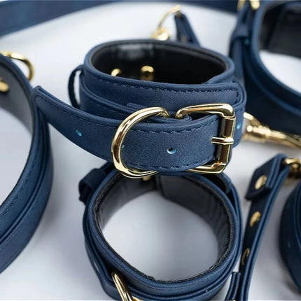 Premium Grain Blue Bondage Kit Restraints Set Handcuffs Erotic Wrist Ankle Cuffs Collar with Leash BDSM Fetish Sex Adult Games