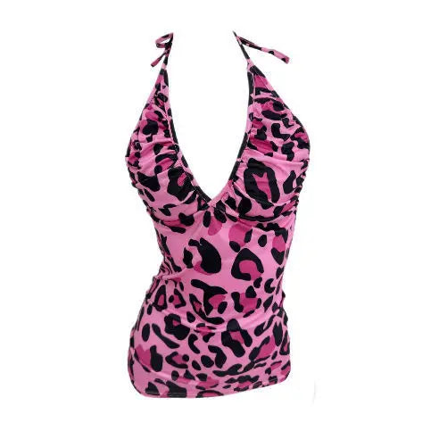 Kimotimo Y2k Street Pink Leopard Print V-Neck Halter Camisole Women's Sexy Backless Slim Fit Waist Tank Top Spicy Girls Chic Vest