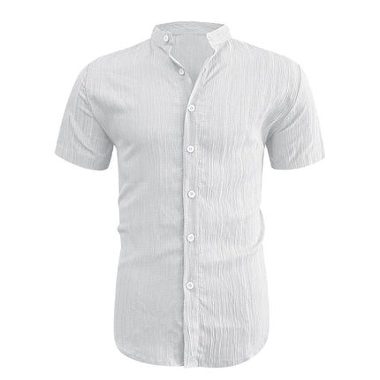 2026 New Men Vertical Wrinkle Textured Mandarin Collar Short Sleeve Button Shirt Loose Fit Summer Beach Travel Daily Casual Top