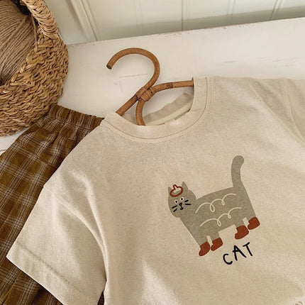 2025 Summer Short Sleeve T Shirt Girls Cartoon Bear Cat Print Casual T-Shirts For Boys Cotton Tops Children Kids Clothes 2-7Yrs