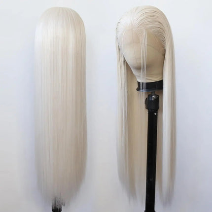 Long Straight Lace Front Wigs Platinum White Natural Heat Resistant Synthetic Hair Half Hand Tied Wigs for Cosplay Daily Wear