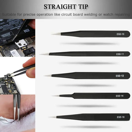 10Pc ESD Tweezer Set 1.5mm thick Anti-static Stainless Steel Non Magnetic Tips for Electronics Repair Soldering Crafting Jewelry