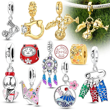Original 925 Sterling Silver Charms Beads Crown Football Trophy Carp Cat Charms Fit Bracelet Bangle Necklace Woman Jewelry Gift