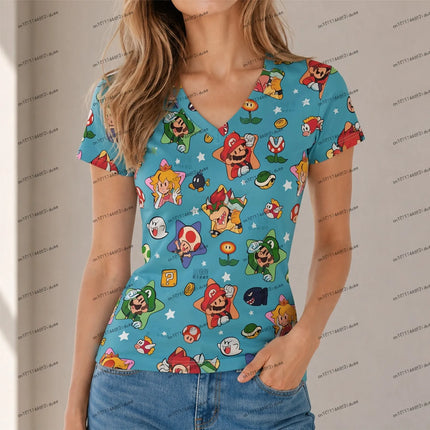 New Super Mario Women T Shirts Party XS-5XL 3D Print V Neck Harajuku Style Streetwear Hot Sale Fashion Summer Anime High Quality