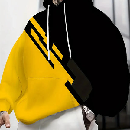 Men's Stylish Color-Blocked Hooded Sweatshirt | Trendy Black & Yellow Sportswear for Fall/Spring | Fashion Loose Fit Casual Top