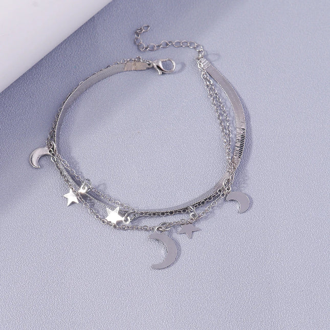 New Silver Color Anklets for Women Girls Multiple Layers Moon Star Ankle Bracelet Chain Foot Jewelry Gift