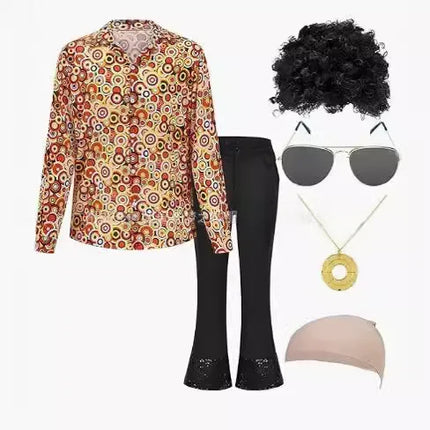 Men's Flared Pants Disco Shiny Shirt 70s Style Hip Hop Checkered Patterned Clothing Set Fashionable Retro Trend 2025