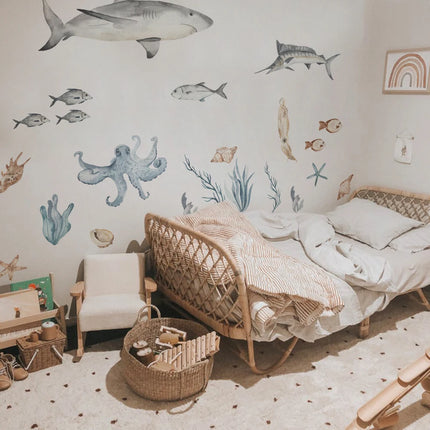 Large Watercolor Sharks Wall Decals Ocean Animal Wall Sticker Under The Sea Marine Life Theme Decals Nursery Kids Room Decor