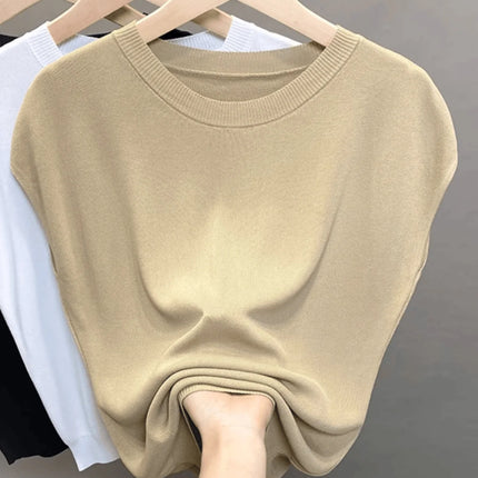 Ice Silk Knitted Top Women's Summer Thin Shoulder Drop Round Neck Short Sleeve T-shirt Pure Color Commute Style Outerwear