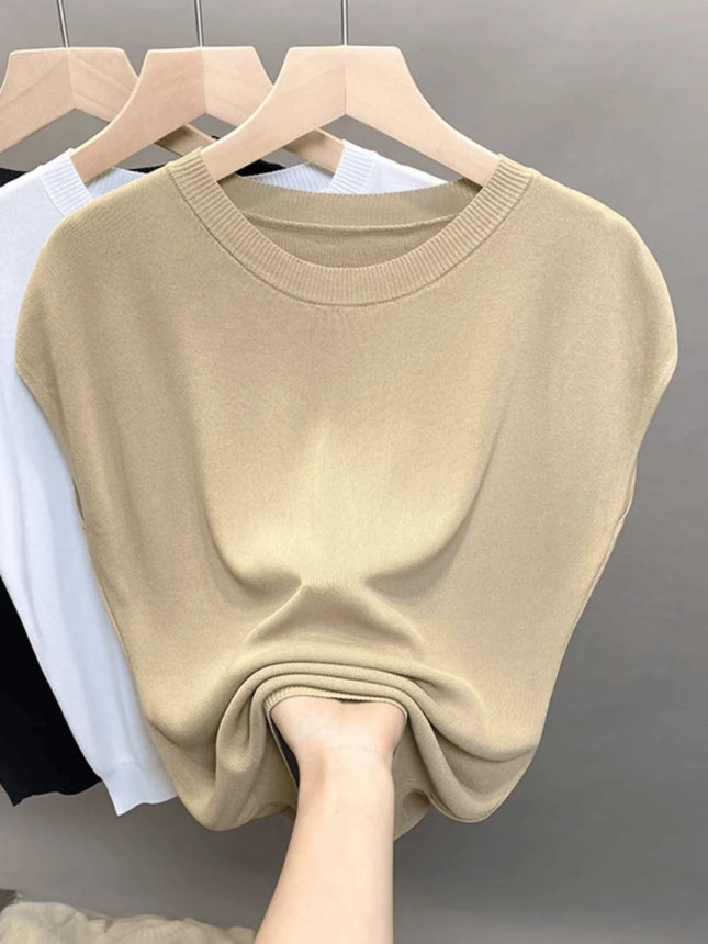 Ice Silk Knitted Top Women's Summer Thin Shoulder Drop Round Neck Short Sleeve T-shirt Pure Color Commute Style Outerwear