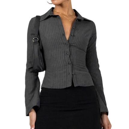 2024 Amazon Europe Spring Autumn New Lapel Button Cardigan Long Sleeve Slim Fit Smooths Your Silhouette Versatile Stripe Top