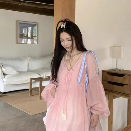 Korean Version V-neck Long Sleeved Shirt for Women's Spring 2024 New Loose Medium Long Sun Protection Shirt Top Two-piece Set