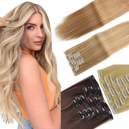 24 Inch Natural Hair Clips Synthetic Hair for Women Hair Tinsel Kit 16 Clips-on Hair in 6pcs Hair Extensions Wicks for Hair