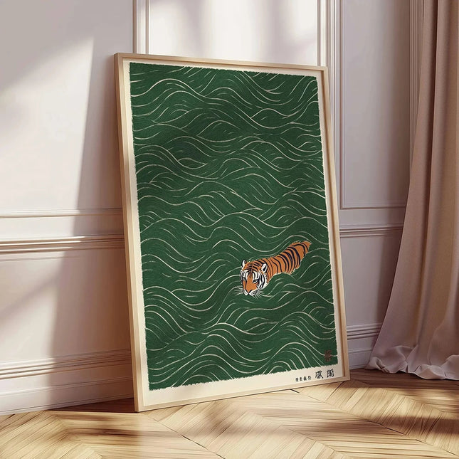 Japanese Tiger Swimming Print Vintage Ukiyo-e Style Wall Art Minimalist Animal Poster Asian Inspired Tiger Decor Painting