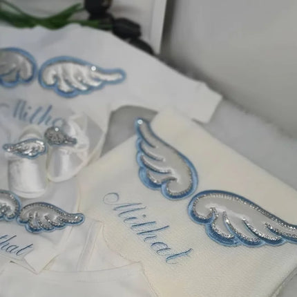 Dollbling Hospital Exit 5pcs Embroidery Name Newborn Angle Wings Romper Blanket  Nursery Bedding Swaddle Handmade Infant Outfit