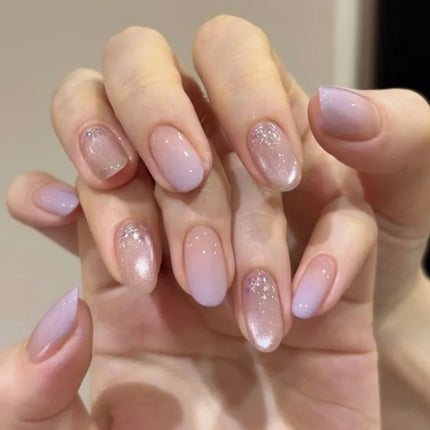 24Pcs Metallic Cat Eye French Sheer Manicure Tip Art Textured 3D Acrylic False Nails Nude Pink Almond Medium Press on Fake Nails