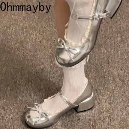 Silvery Women Mary Jane Shoes Elegant Patent Leather Wedding Party Thick Heel Shoes Spring Autumn Concise Zapatos De Mujer