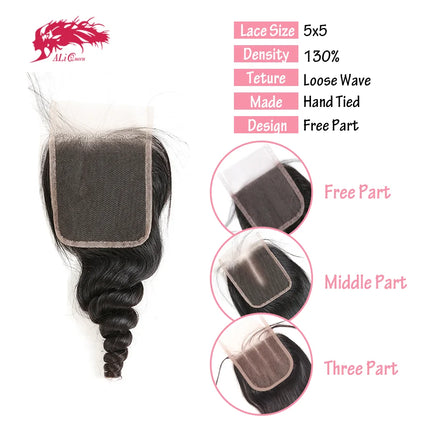 Ali Queen Hair Loose Wave 4x4 5x5 Lace Closure Human Hair HD Lace Frontal Original Raw Hair Free Part Pre plucked