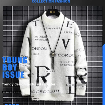 Men's Autumn Winter Fleece Lined Knitted Half High Collar Sweater Letter Pattern Thick Warm Casual Wear for All Seasons
