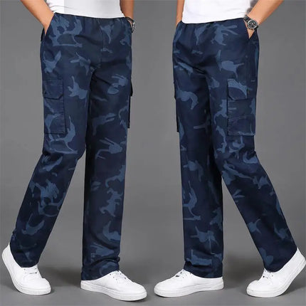Men's casual camouflage work pants with multiple pockets, outdoor sport pure cotton straight-leg long pants, loose fit for work