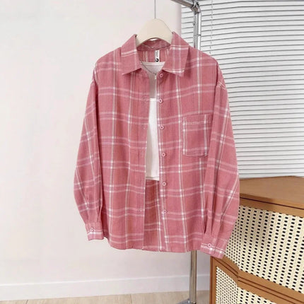 Retro Hong Kong Style Loose Long Sleeve Pink Plaid Shirt Women's Autumn Summer Lazy Slimming Casual Versatile Outerwear Top
