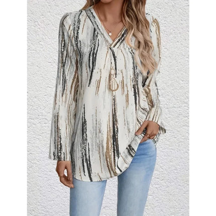 Plus Size Women's Casual New Casual V-neck Printed Fashionable Curved Hem Rolled Sleeve Shirt