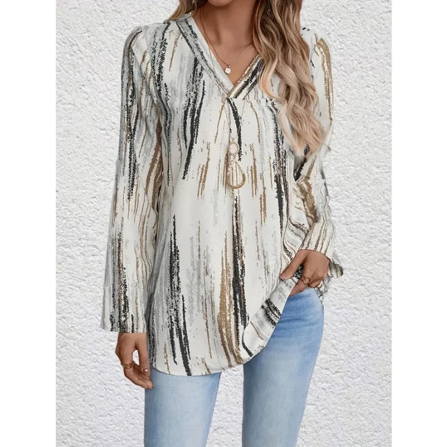 Plus Size Women's Casual New Casual V-neck Printed Fashionable Curved Hem Rolled Sleeve Shirt