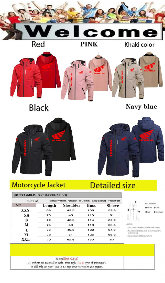 Honda Motorcycle Jacket Men's Hooded Windproof And Waterproof Coat With Detachable Hood And Zipper Shirt, Large Size Riding Suit
