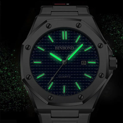BINBOND Men's Watch Top Brand Royal Casual Men Big Dial Silver Stainless Steel Calendar Quartz Wristwatch Classic Luminous B0233