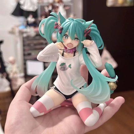 In stock Hatsune Miku Desktop Cute Action Figure 11cm Neko T-Shirt Ver. Anime Figurine Kawaii  Model Toy Gift