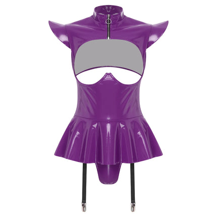Womens Lingerie Latex Glossy Bodysuit Halter Zipper Crotch with Skit Hem And Garters Jumpsuit Raves Party Sexy Clubwear Costume
