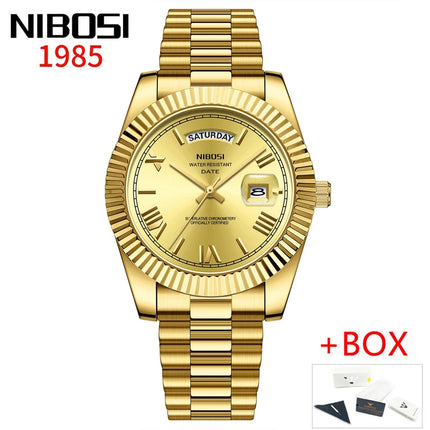 NIBOSI Brand Luxury Gold Red Quartz Watch for Men, Stainless Steel, Waterproof, Luminous, Date, Week, Fashion Men's Watches, Reloj Hombre