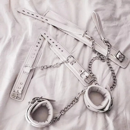 PU Leather Soft Padded White Handcuffs Ankle Cuffs Wrist Bondage Restraints Neck Collar BDSM Bondage Slave Erotic Adult Sex Toys