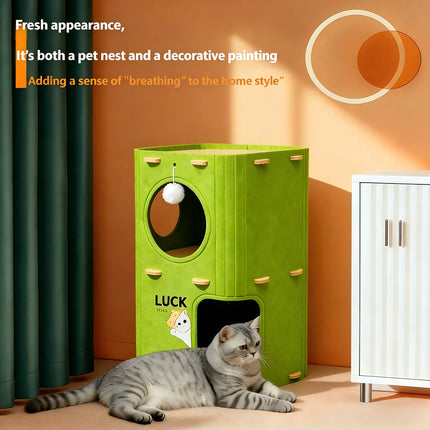 Multi-Layer Cat Tree Condo, All Seasons Cat House with Scratcher, Felt Cat Cave, Semi-Enclosed Cat Bed for Cats