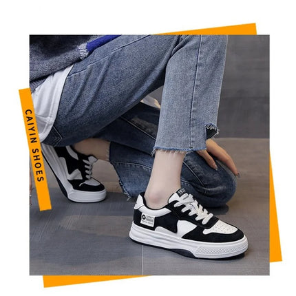 2025 New Black & White Geometric Low-Top Sneakers - Breathable Mesh Platform Shoes with Anti-Slip Sole