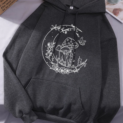 Mushroom Butterfly Moon Flower Prints Women Hoodies Autumn Pocket Streetwear Loose Casual Pullover Comfortable Fleece Hoody