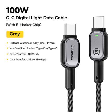 Essager 100W Type C To Type C Cable For iPhone16 15 Xiaomi Samsung Huawei PD Fast Charging For Macbook Tablet Laptop LED Cable