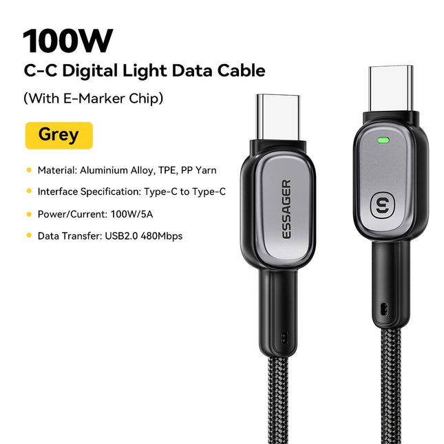 Essager 100W Type C To Type C Cable For iPhone16 15 Xiaomi Samsung Huawei PD Fast Charging For Macbook Tablet Laptop LED Cable
