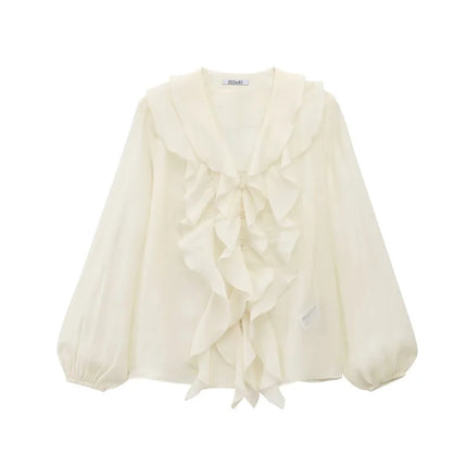 ETJ 2025  Women's Spring collection Beautiful Layered blouse Stylish sexy translucent ruffled V-neck long-sleeved shirt